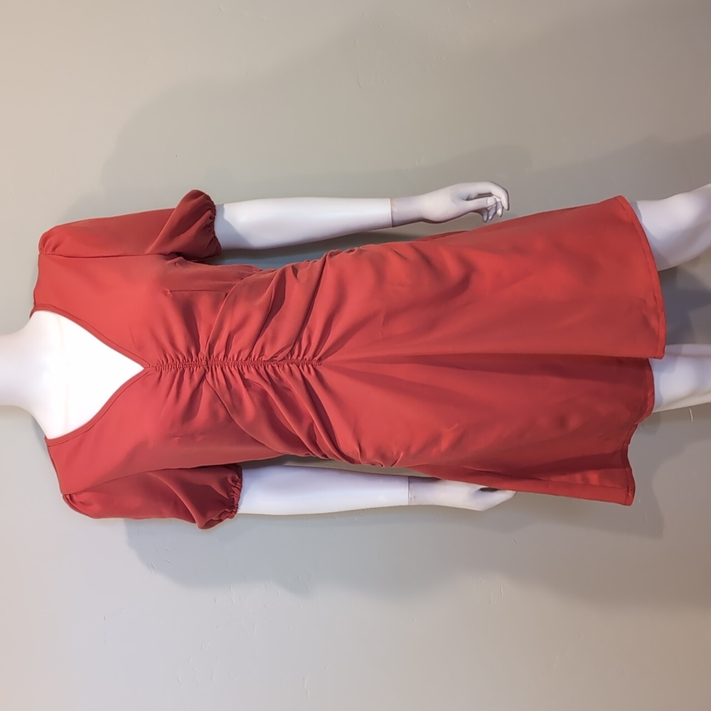 SHEIN Coral Pink V Neck Ruched Front Short Sleeve Mini Dress Size Medium